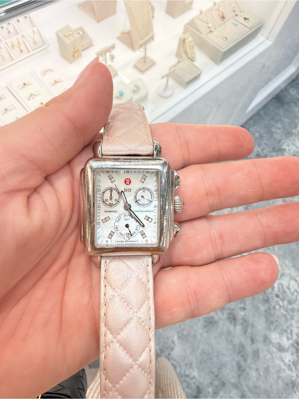 Michele Square Mother-of-Pearl Dial Watch with Pale Pink Quilted Strap